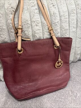 Michael Kors Wine Leather Tote with Tan Straps
